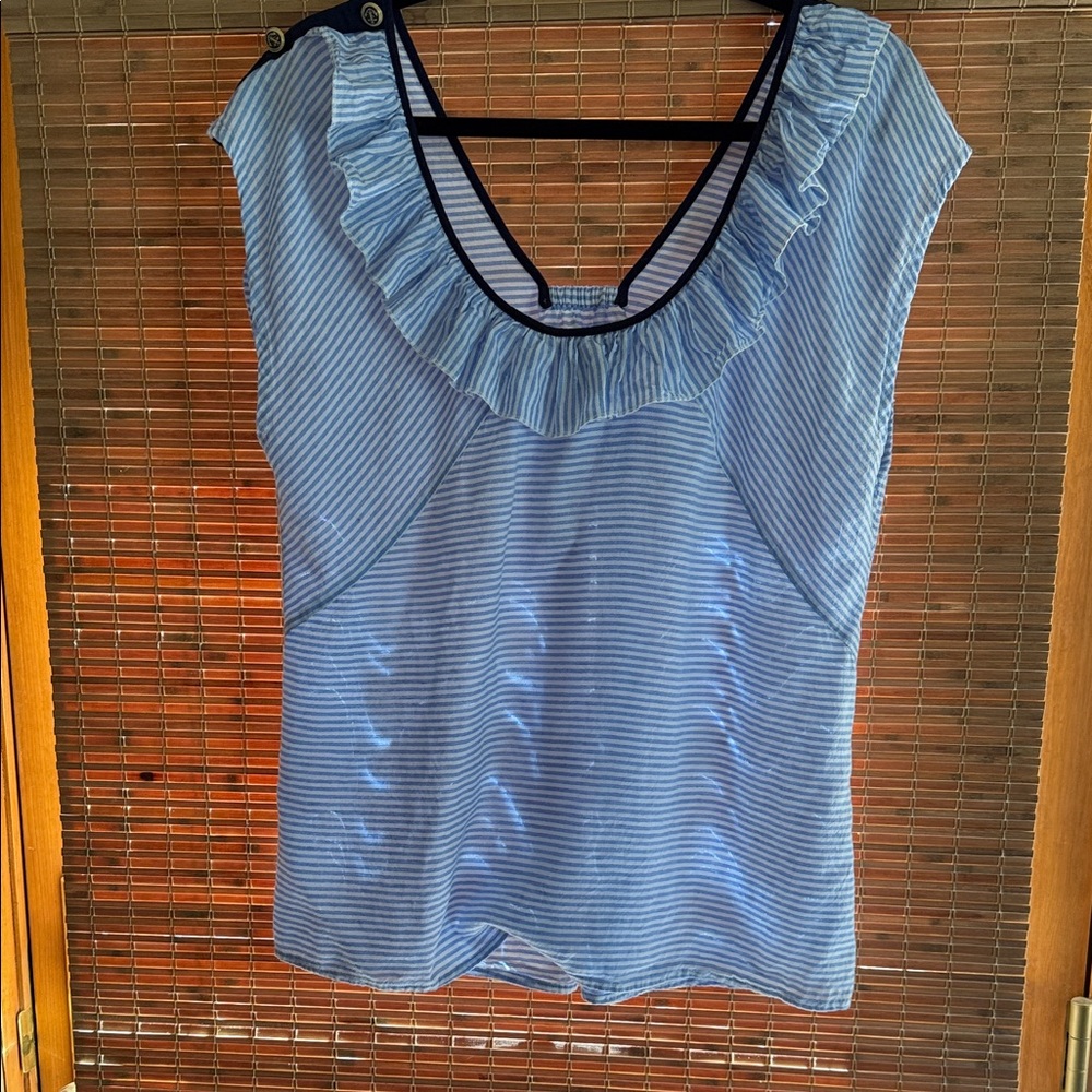 CAbi Blue Striped Blouse with Button Accents, size large